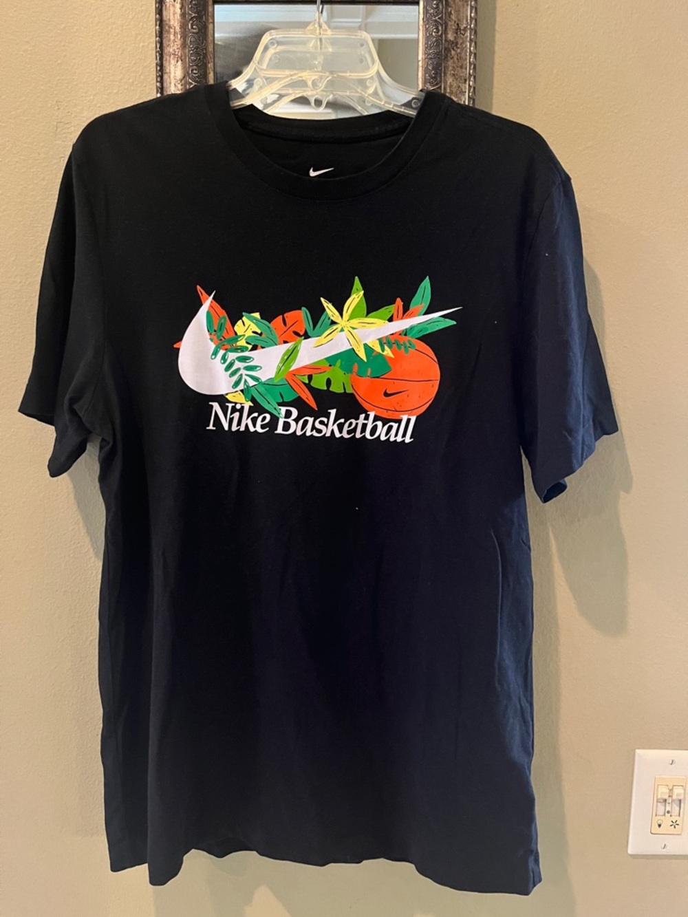 Nike Black T shirt with Orange Basketball and Multicolor Tropical Swoosh medium